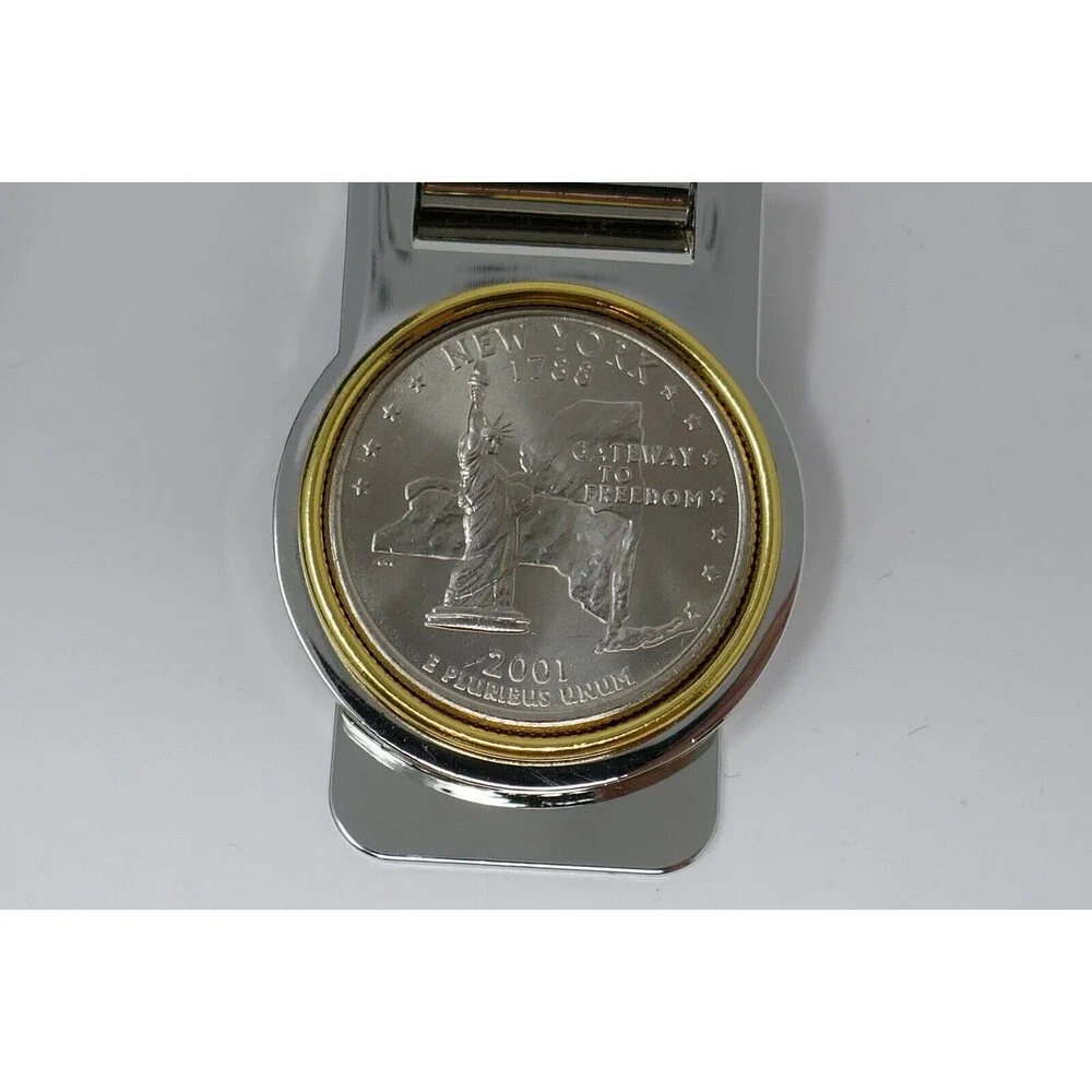 2001 New York Quarter Stainless Steel Gold Color Bezel Hinged Money Clip